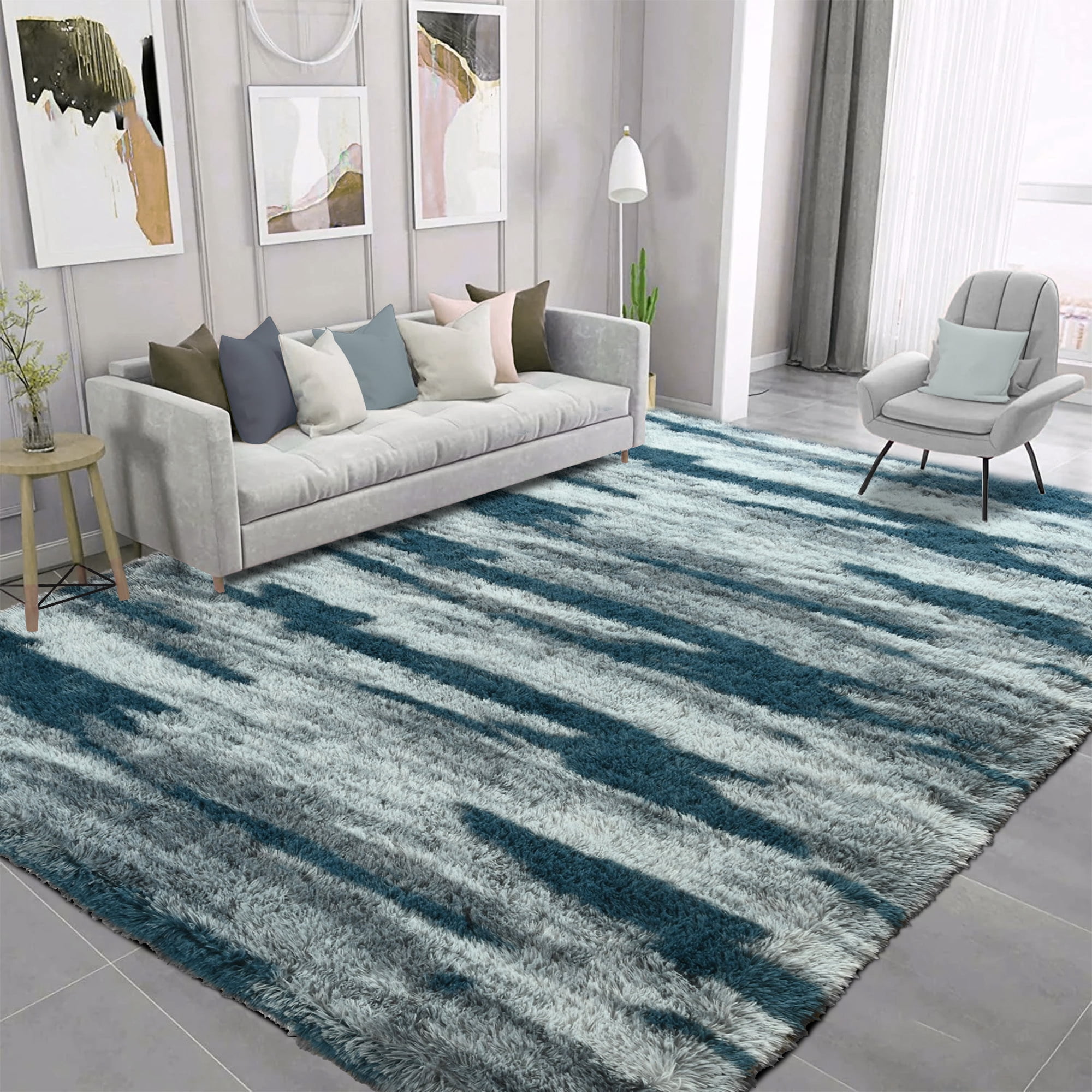 Arogan 6x9 Feet Area Rugs for Living Room Bedroom, Blue Soft Fluffy Shaggy Bedside Carpet, Machine Washable Indoor Floor Rug for Kids Home Decor Aesthetic