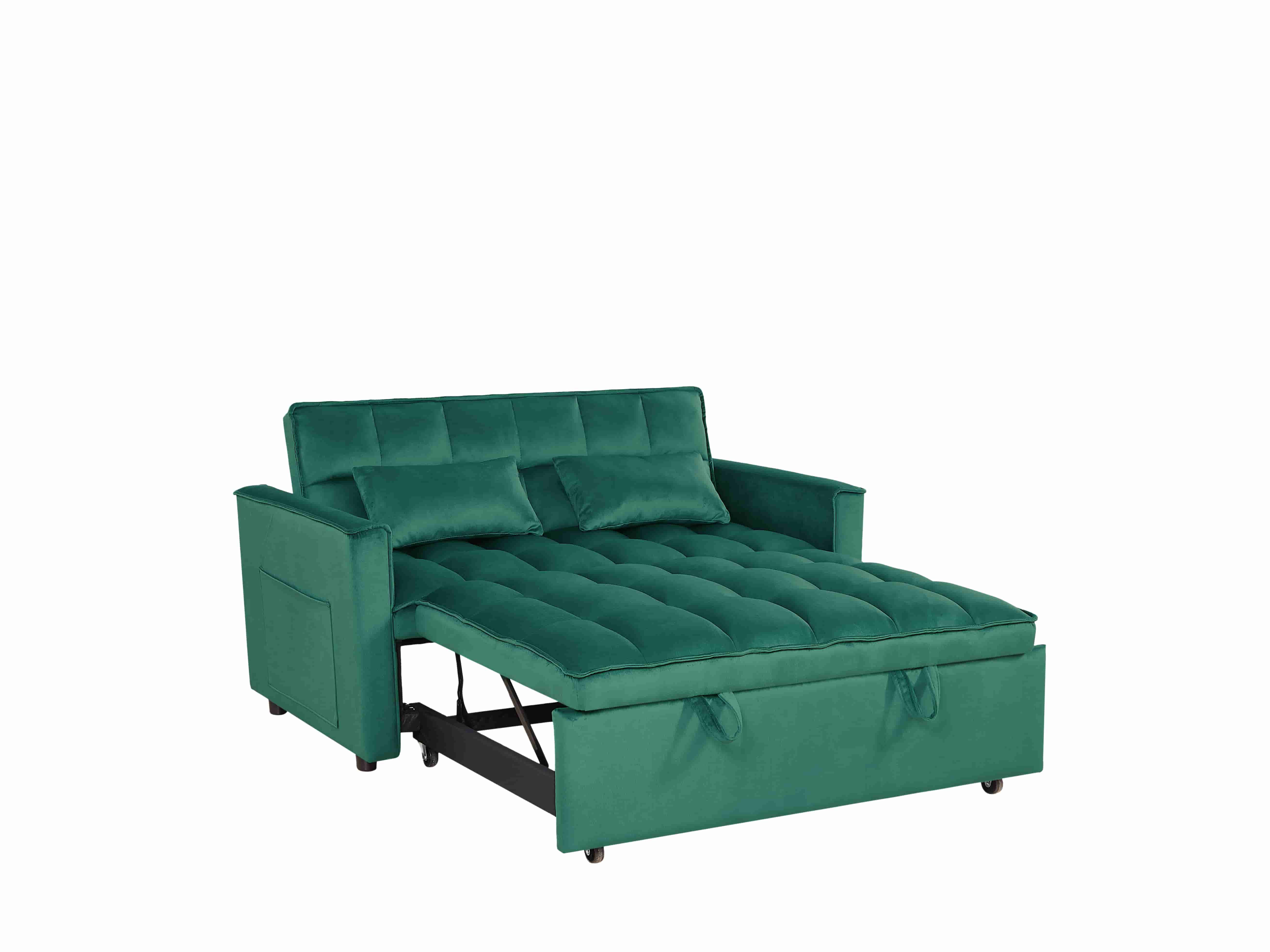 BSHTI 54-inch Pull-out Sleeper Sofa Bed, Velvet Upholstery, Solid Wood Frame, 3-Angle Adjustable Backrest, Storage Side Pocket, Twin-Size Bed, Green