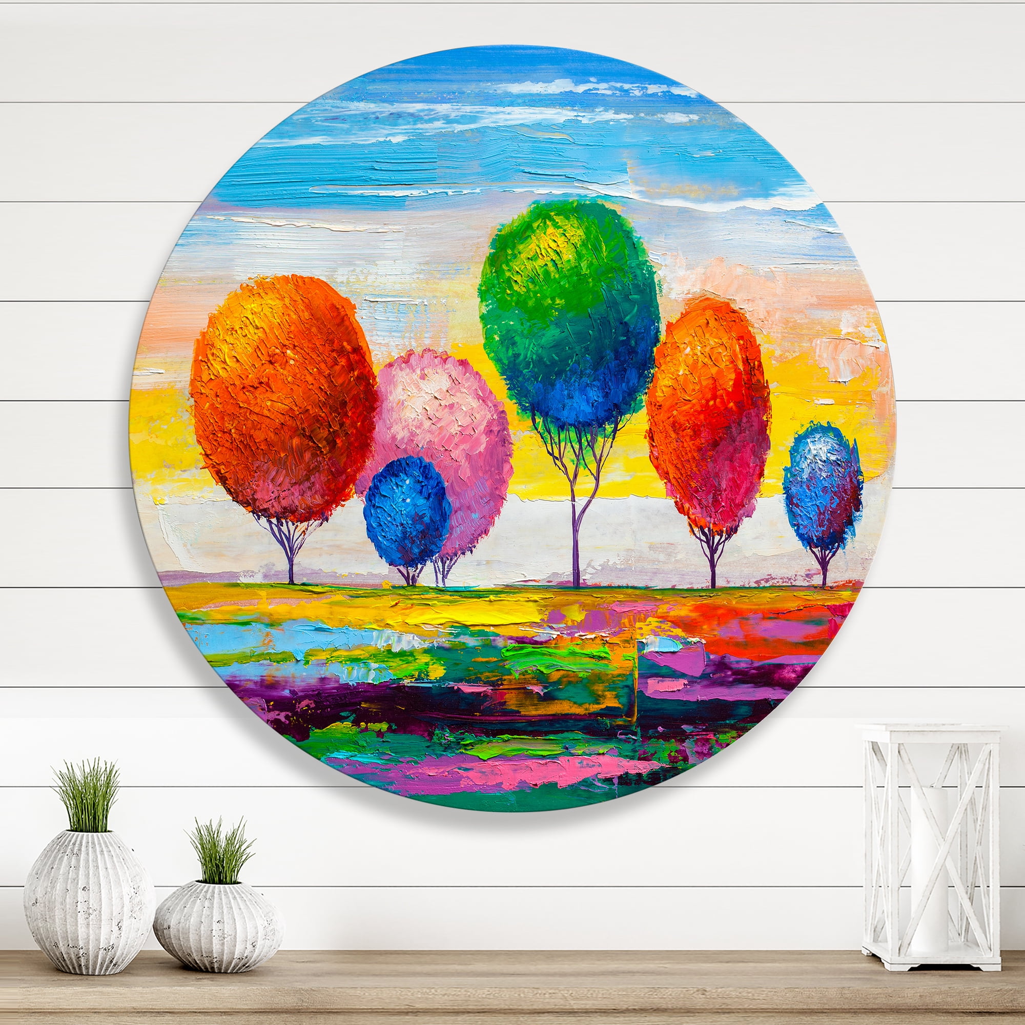 Designart 'Ornamental Colourful Trees VI' Modern Circle Metal Wall Art 23x23 - Disc of 23