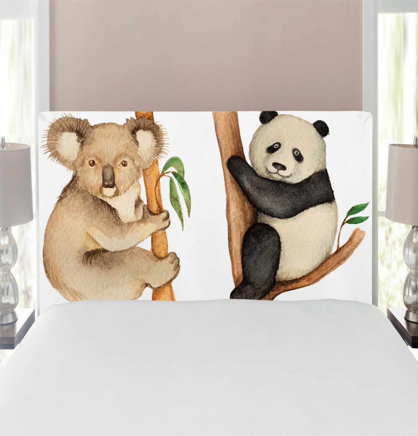 Panda Headboard, Koala and Panda Sitting on Trees Wild Life Tropics