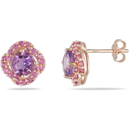 1-7/8 Carat T.G.W. Amethyst and Created Pink Sapphire Pink Rhodium-Plated Sterling Silver Swirl Earrings