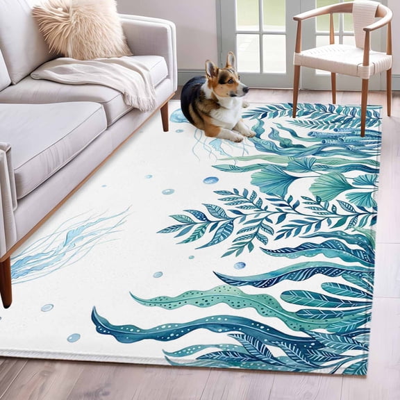 Turquoise Jellyfish Coastal Area Rugs 3'x5', Washable Small Throw Rugs for Living Room Bedroom, Summer Beach Ocean Seaweed Indoor Outdoor Rug Non-Slip Low Pile Carpet Runner Reversible Floor Mats