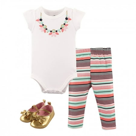 

Little Treasure Baby Girl Cotton Bodysuit Pant and Shoe 3pc Set Sparkle Necklace 9-12 Months