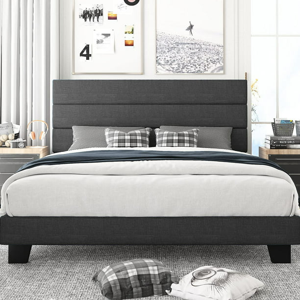 Fabric Upholstered Platform Bed Frame, Grey Fabric Platform Bed King