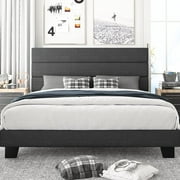 Amolife King Size Fabric Upholstered Platform Bed Frame with Headboard, Dark Grey