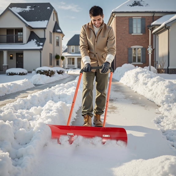 Snow Pusher Shovel with Wheels, 37.8 Inch Bi-Directional Adjustable Blade & Pivoting Handle, Durable Plastic Winter Snow Shovel for Driveway and Sidewalk – Portable Snow Removal Tool