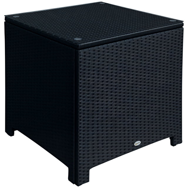 Table d'Appoint en Rotin Noir avec Dessus en Verre - Mobilier de Patio Extérieur pour Jardin, Bord de Piscine et Pelouse - Cadre Carré en Acier de 25,2 Pouces et Osier PE