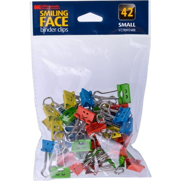 Officemate Happy Smiling Face Binder Clips, Small Size, 42 in Pack, Comes in Assorted Colors (31090)