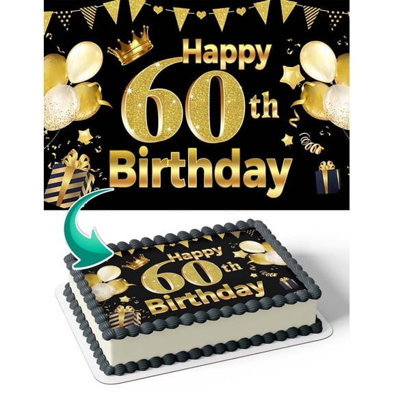 60th Luxury Gold Diamond Black Edible Image Icing Cake Topper for Quarter Sheet Cake, by TNCT