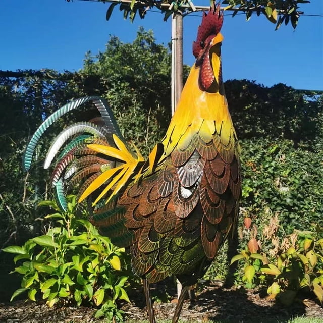 Estatuas y esculturas de gallo de jardín, figuras de adorno de césped de arte de patio de animales de pollo de metal para exteriores, patio, patio trasero y cocina casera