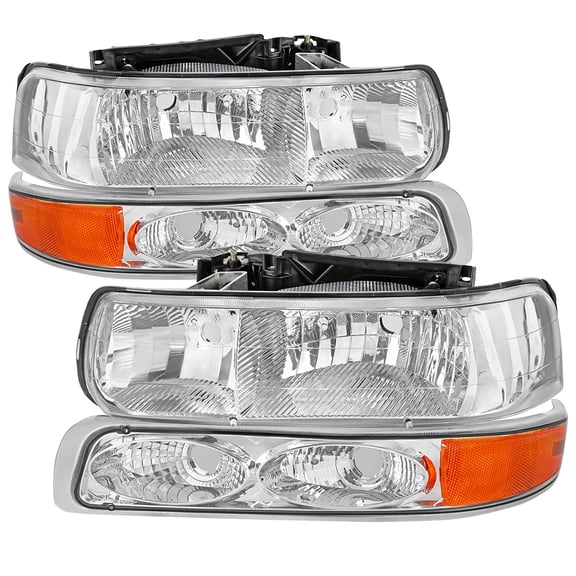 Factory Style Headlights w/ Bumper Light Assembly (Chrome Housing/Clear Lens) Made for and Compatible with 1999-2002 Chevrolet Silverado/ 2000-2006 Tahoe/Suburban