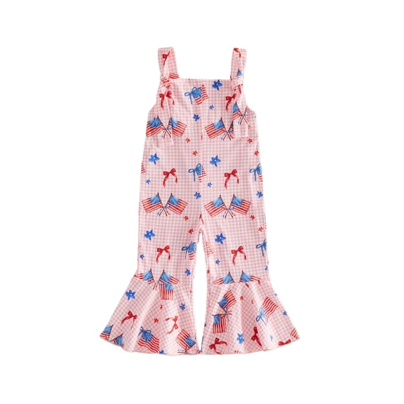 BemeyourBBs Toddler Baby Girls 4th of July Outfit Patriot Independent Day Clothes Flag Plaid Print Romper Overalls Bell Bottoms Casual Summer Sleeveless Jumpsuit Fourth of July Outfit