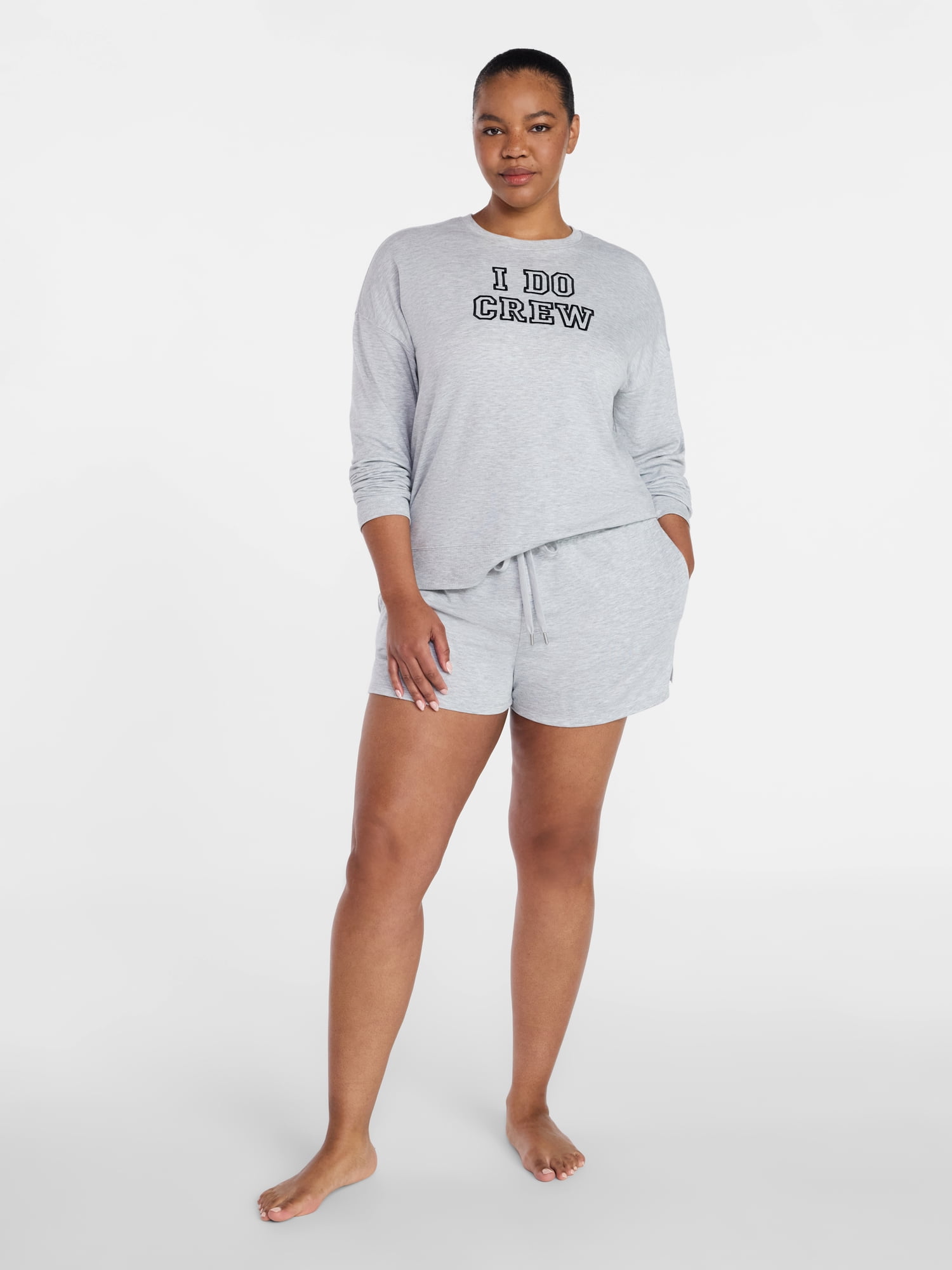 Joyspun Women's Bridal French Terry Knit Long Sleeve Top and Shorts Pajamas Set, Sizes XS-3X