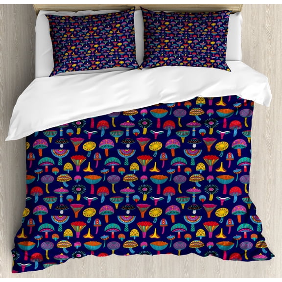 Crazy Duvet Cover Set King Size, Sixties Inspired Retro Colors with Mushrooms Abstract Hearts Dot and Triangle Shapes, Decorative 3 Piece Bedding Set with 2 Pillow Shams, Multicolor, by Ambesonne
