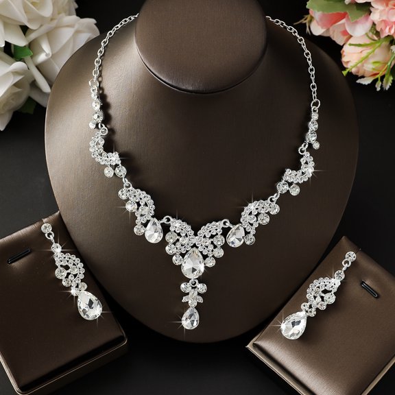 Faty-T Rhinestone Crystal Bridal Art Deco Floral Wave Teardrop Necklace Earrings Bracelet Jewelry Set
