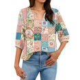 thumbnail image 6 of Women's Patchwork Floral 3/4 Sleeve Blouse - V-Neck Button Down Boho Tunic Top, Lightweight Casual Loose Fit Shirt for Spring Summer Army Green XL, 6 of 6