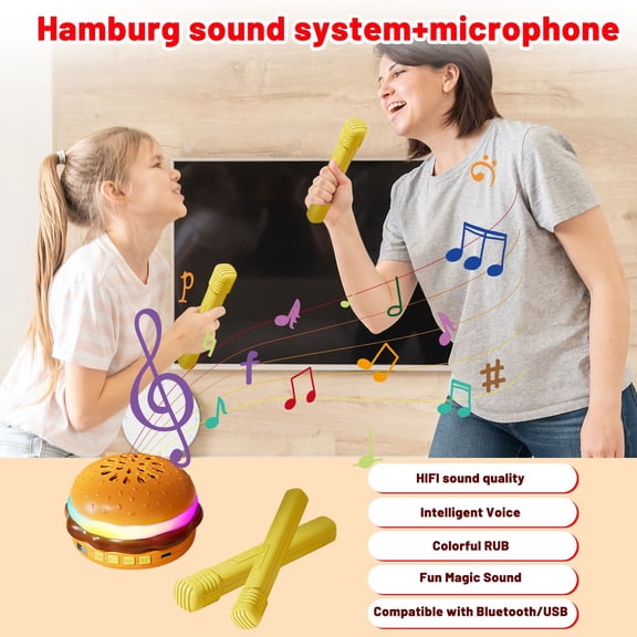 Hamburger Wireless Bluetooth Speaker Portable Mini Sound System With 2 Microphones - Colorful Led Lights, Rechargeable, Compact Design - For Home Entertainment, Party, Karaoke,
