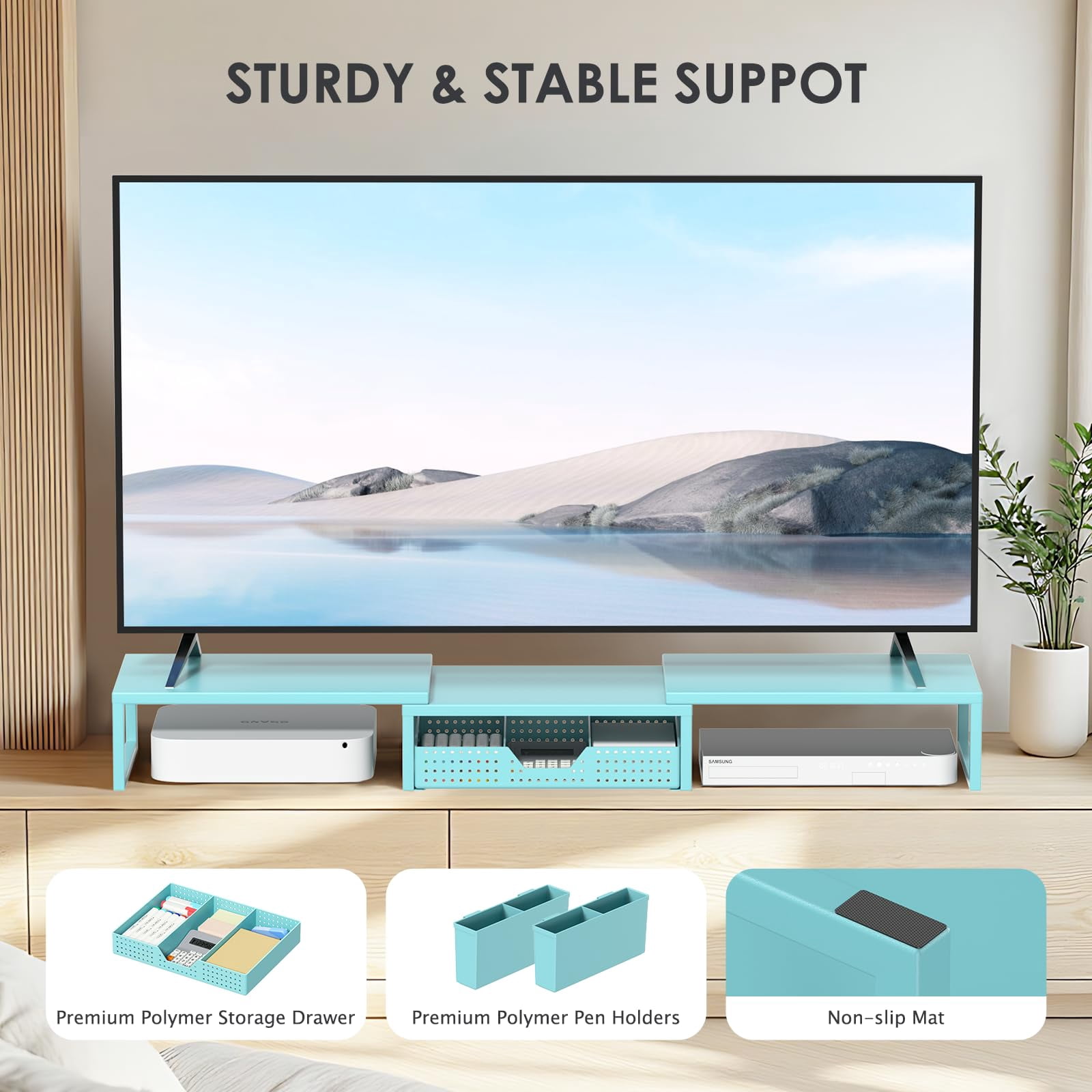 Desk Organizers And Accessories  Dual Monitor Stand Riser With Drawer 2 Pen Holders Shelf Metal Computer For Office Workspace Desktop Organization (blue Metal)