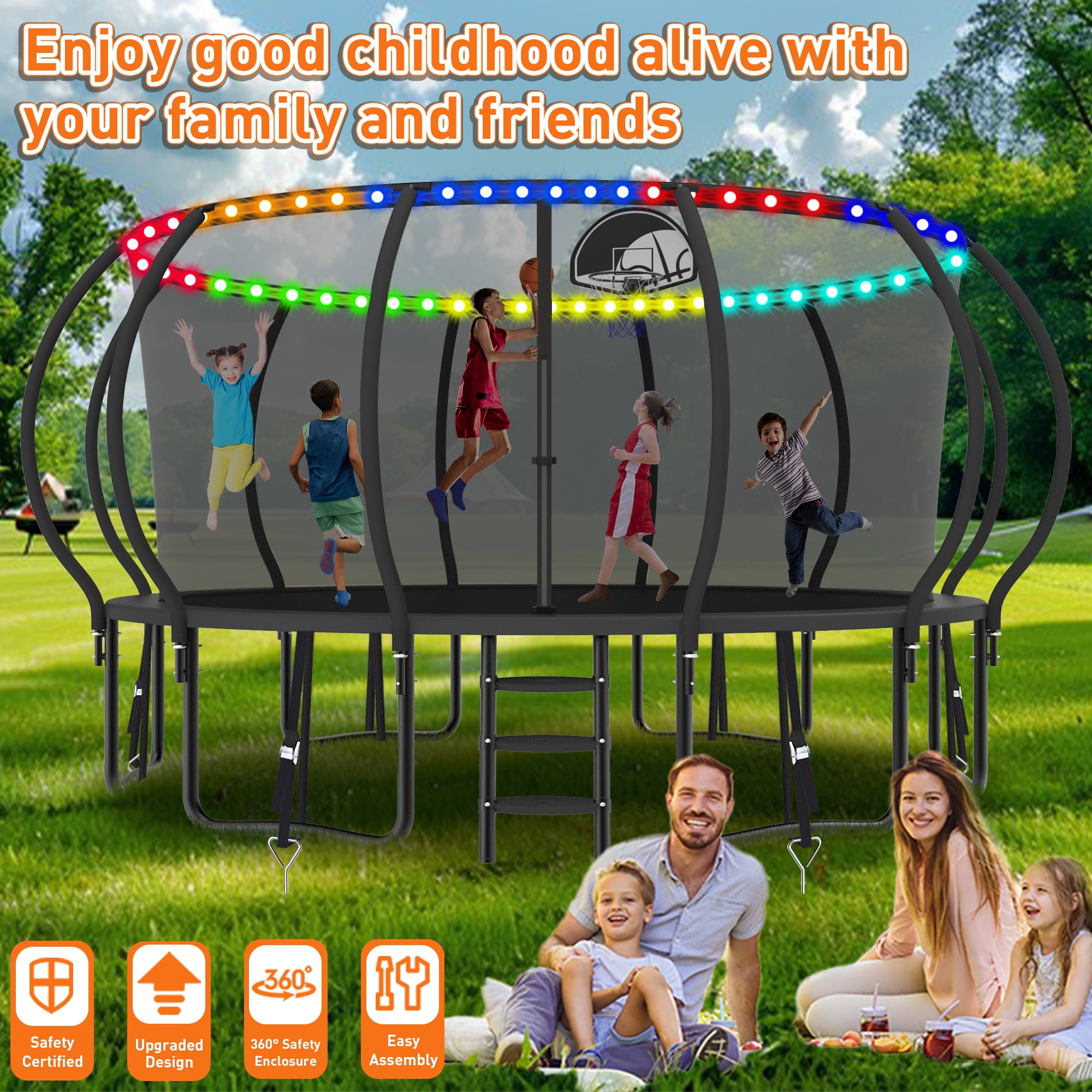 WOWLAND 16FT Trampoline for Adults and Kids 1500LBS Weight Capacity, Heavy Duty Outdoor Trampolines with Enclosure Net and Wind Stakes, Kids Trampoline with Basketball Hoop and Lights, Birthday Gift