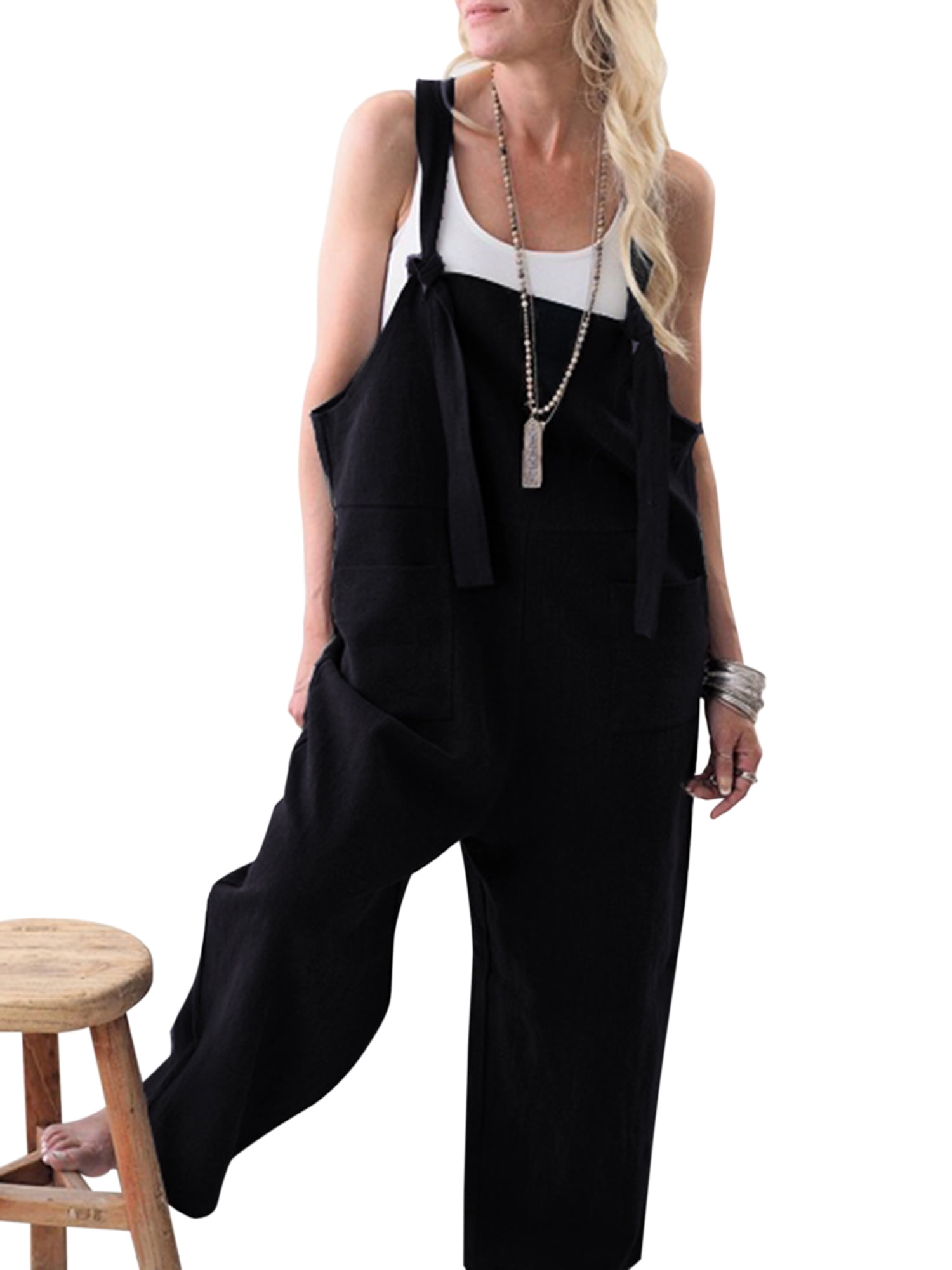 Womens Vintage Dungarees Long Linen Jumpsuits Loose Fit Baggy Overall Wide Leg Playsuit Casual Trousers Pants