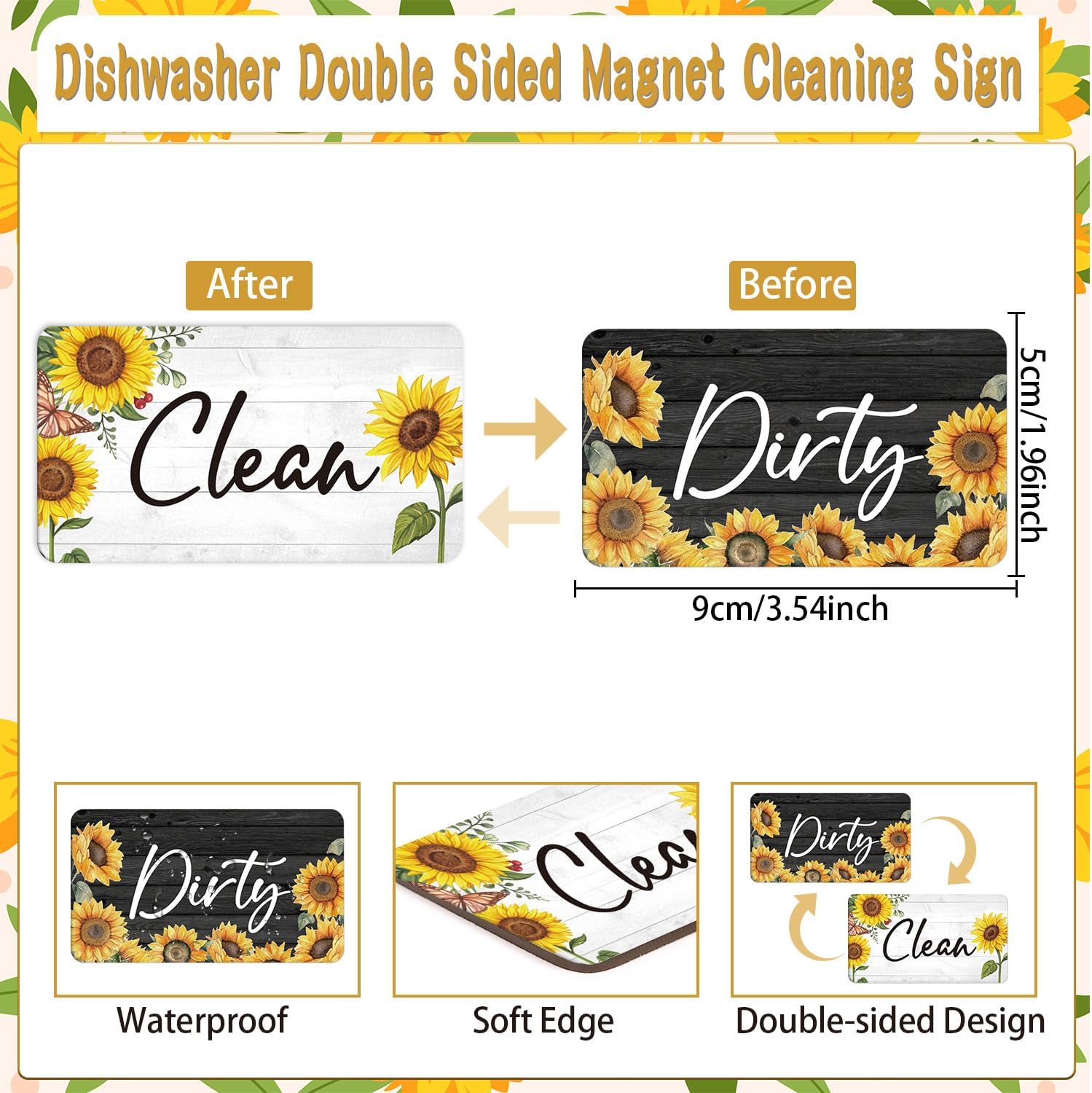 Dishwasher Magnet Clean Dirty Sign - Sunflower Clean Dirty Dish Washer Magnet Flower Clean Dirty Signs Double Sided Strong Magnetic Dish Washer Indicator for Kitchen Refrigerator Home Decor