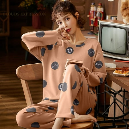 

QWZNDZGR Autumn Sleep Lounge Pajama Long Sleeved Top Polka Dots Women Pajama Sets Cartoon Pyjamas Cotton Sleepwear Women M L XL XXL XXXL