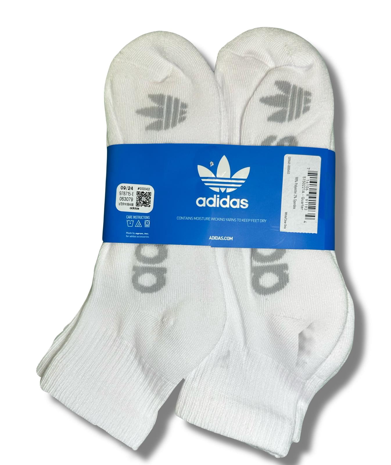 ADIDAS SOCKS MEN'S - QUARTER CUT 253 - WHITE SOLID LOGO 4- LARGE (6-12) - PACK 6