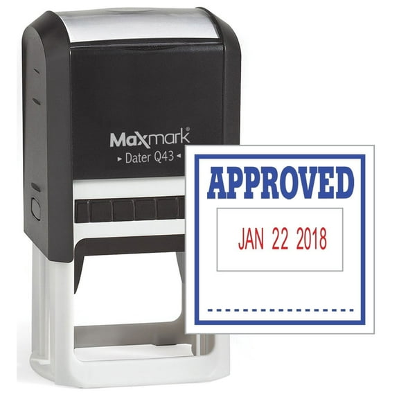MaxMark Q43 (Large Size) Date Stamp with "APPROVED" Self Inking Stamp - 2 Color Blue/Red Ink