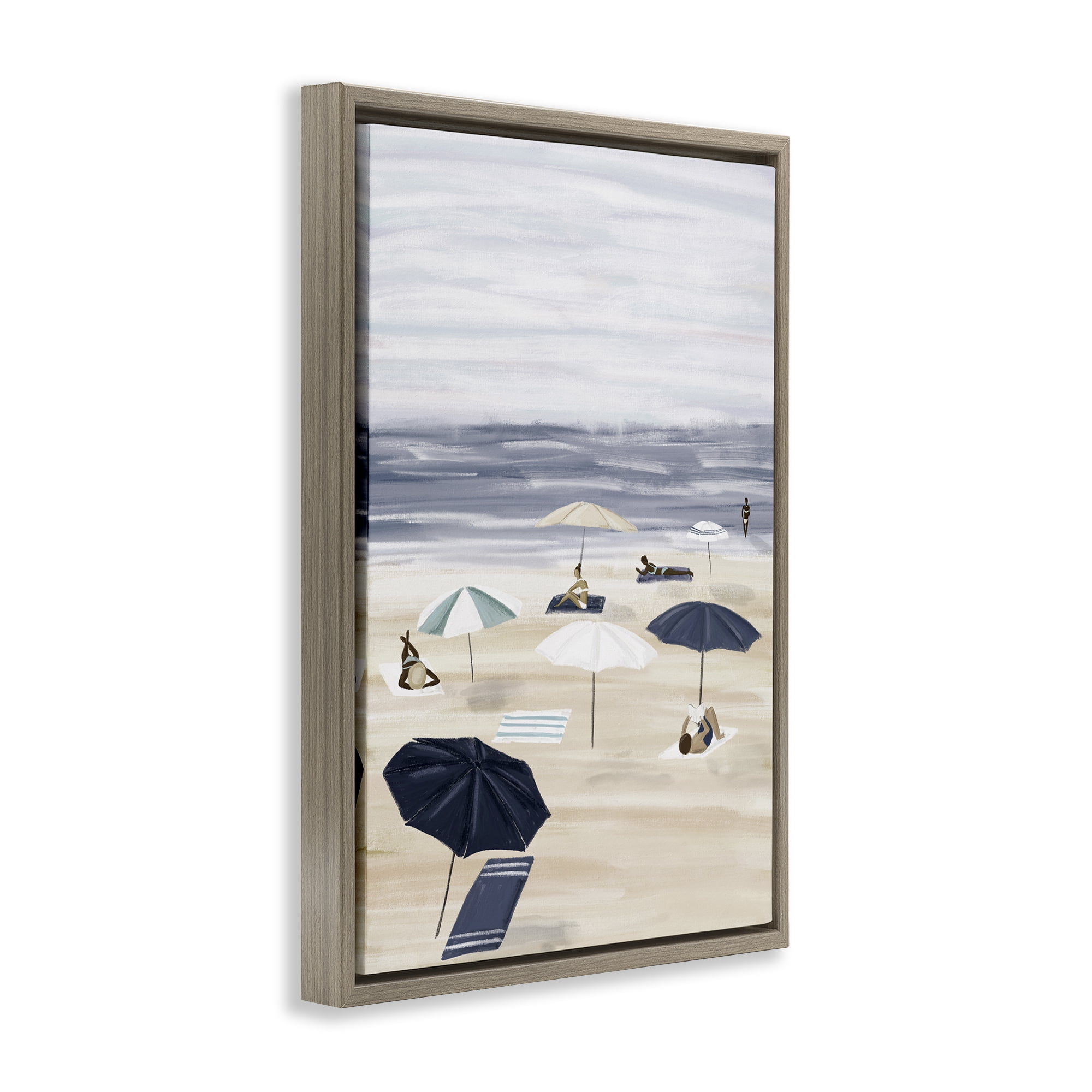 Stupell Industries Beachgoers with Umbrellas Nautical & Beach Painting Brown Floater Framed Canvas Art Print Wall Art, 17 x 25