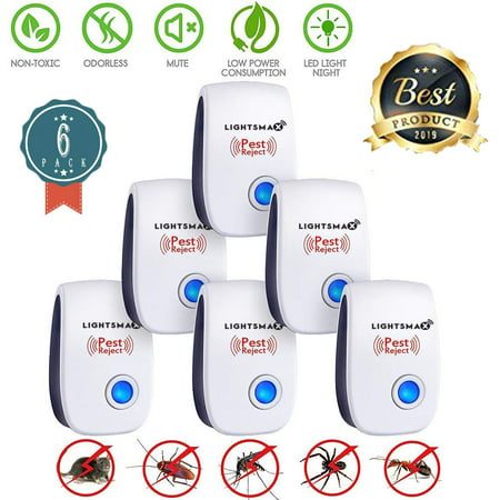 6 PK [2019 NEW UPGRADED] LIGHTSMAX - Ultrasonic Pest Repeller - Electronic Plug -In Pest Control Ultrasonic - Best Repellent for Cockroach Rodents Flies Roaches Ants Mice Spiders Fleas (Best Cordless Mouse 2019)