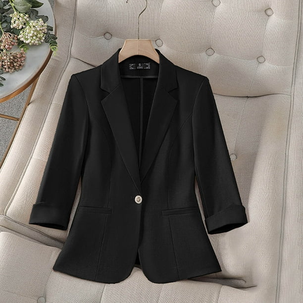 Blazer de mujer, moda informal, color liso, bolsillo, cuello vuelto, manga 3/4, blusa de dacrón