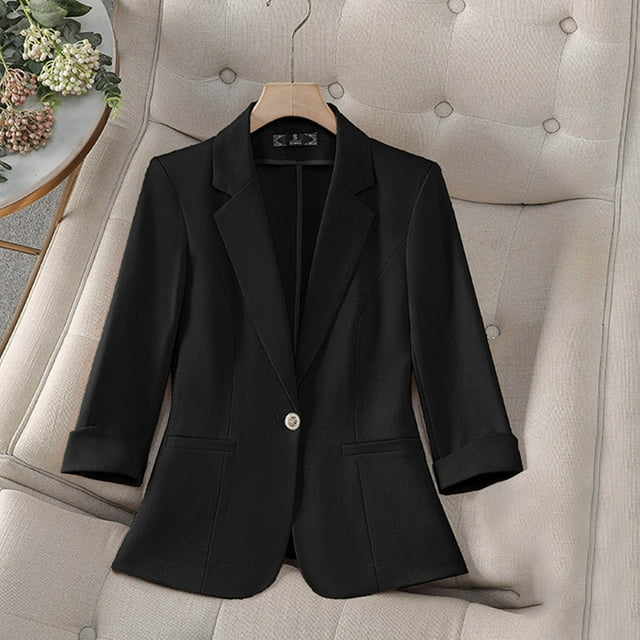 Pisexur Manteau d'Hiver pour Femmes Mode Décontractée Couleur Unie Poche Col Rabattu Blouse Blazer à Manches 3/4 Noir, TG