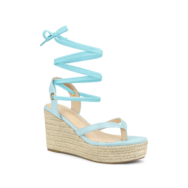 BLISSFUL STEP Women's Sandals Strappy Platform Slingback Flip Flops Wedge Sandals Light Blue 10