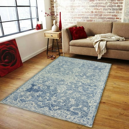 - LR Home Karma Navy Blue Damask Distressed Floral Border Jacobean Wool Hand Tufted Victorian Transitional Indoor Area Rug (9' x 12')
