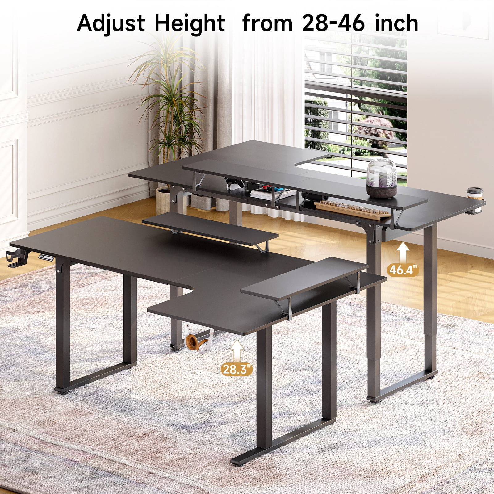 63x43 Inches L Shaped Standing Desk, Electric Stand Up Desk with 2 Adjustable Monitor Shelves, Black