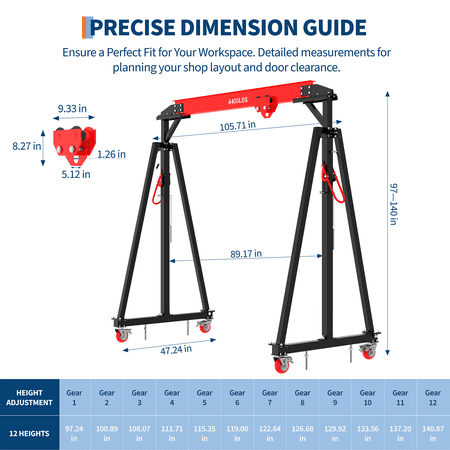 Portable Adjustable Gantry Crane, 2 Ton/4400 lb Heavy-Duty Steel I-Beam A-Frame Hoist, 97-141 in Height (12 Positions), Manual Trolley, Hook & strap Strap - 2t with accessories black + red