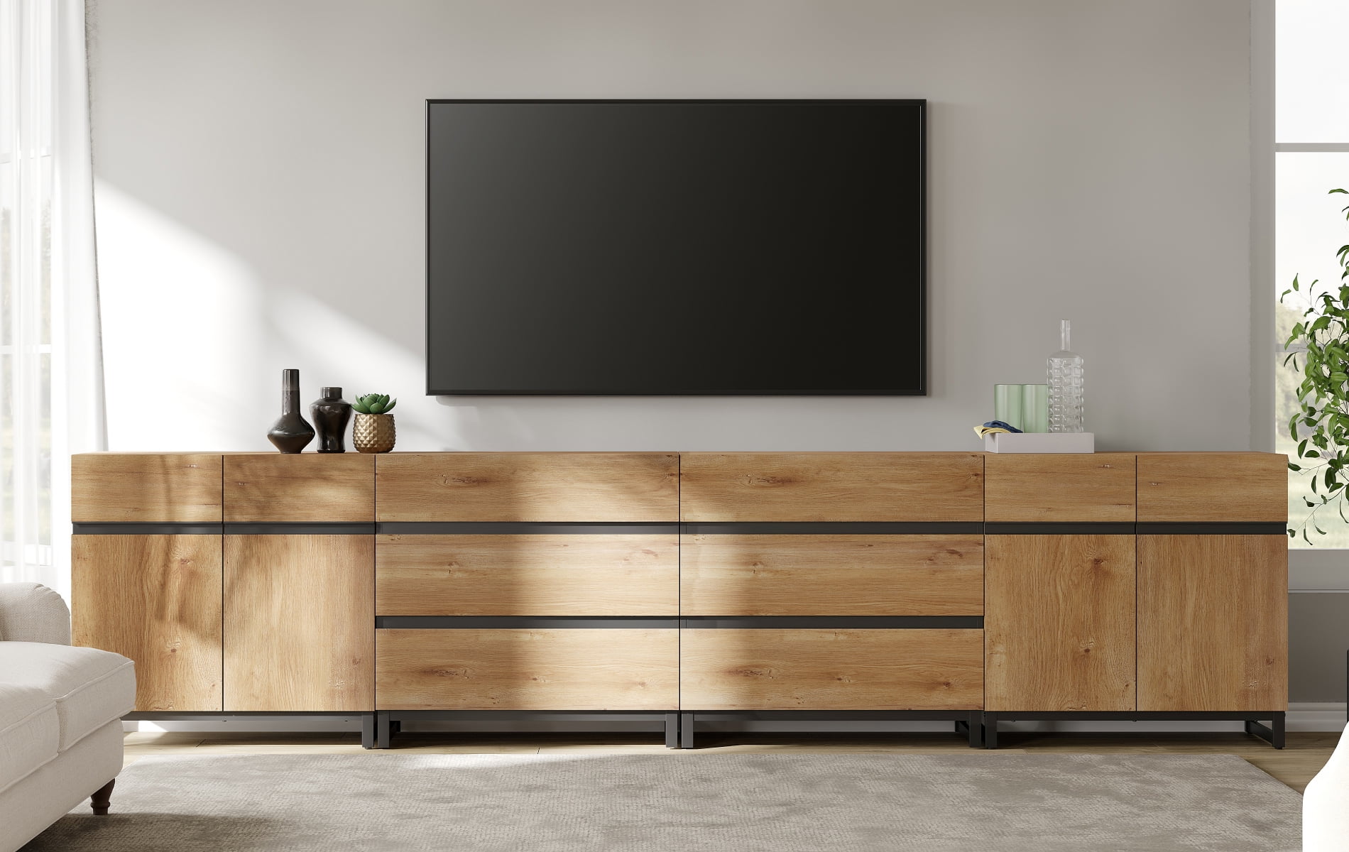 WAMPAT Modern TV Stand for TVs up to 120 inch, 4 in 1 TV Console with Adjustable Shelves and 6 Drawers, Media Console for Living Room,Bedroom, Oak