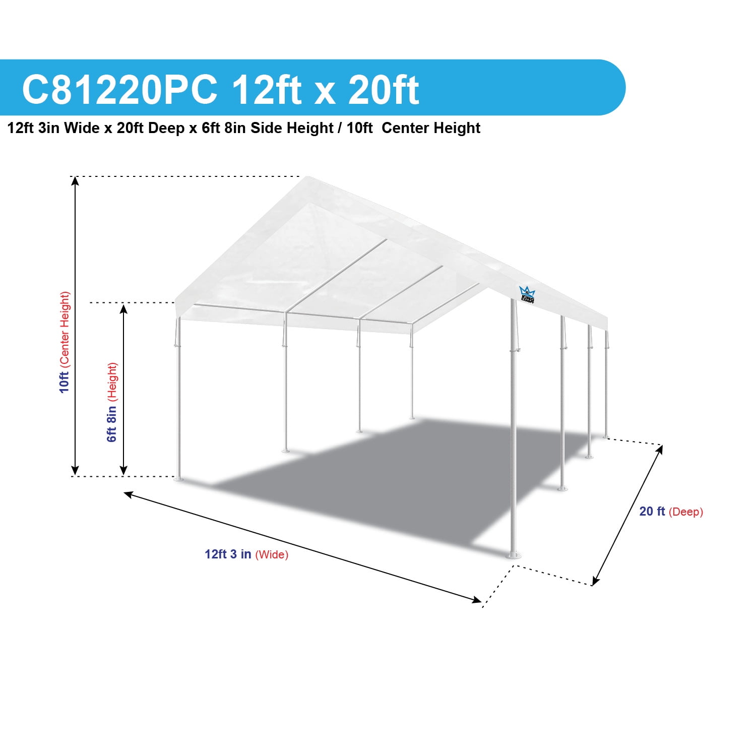 King Canopy Universal Canopy 12' x 20' , 1 3/8-Inch Powder Coated Steel Frame, 8 Leg, White