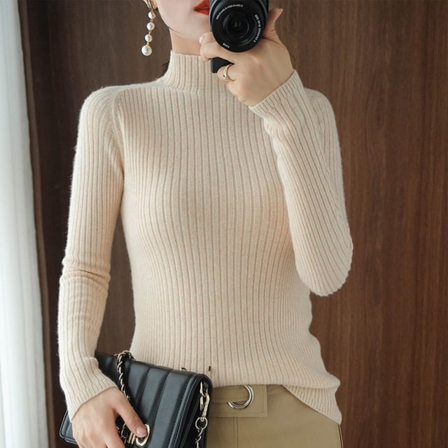 EGNMCR Chandail Col Rond Mode Femme Décontracté Semi-Haut Couleur Unie Base Ample Tricot Femme Blouse en Polyester