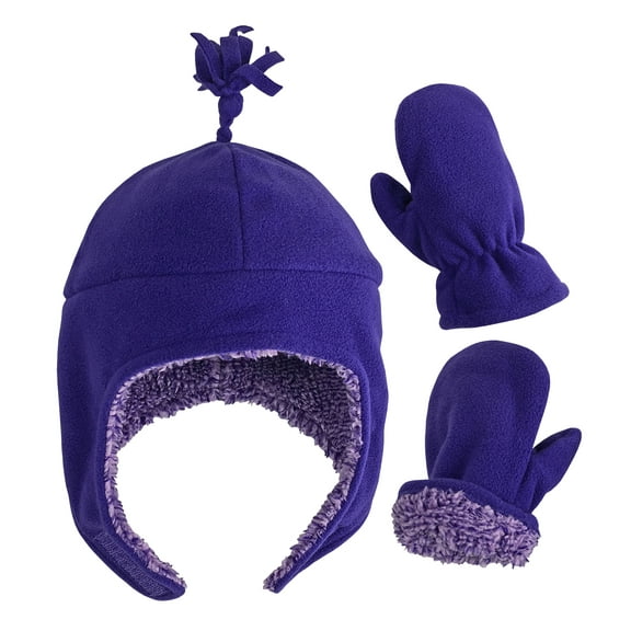 N'Ice Caps Girls Toddler Baby Soft Sherpa Lined Fleece Kids Hat Mitten Set - Purple