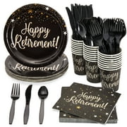 144-Piece Happy Retirement Decorations and Party Supplies with Paper Plates, Napkins, Cups, and Cutlery, Disposable Dinnerware Set for Farewell Celebration, for Men and Women (Serves 24 Guests)