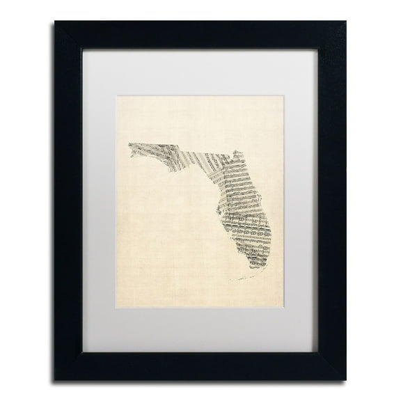 Trademark Fine Art 'Old Sheet Music Map of Florida' Canvas Art by Michael Tompsett, White Matte, Black Frame