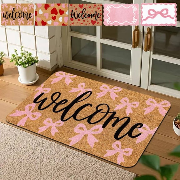 Beautynvta Valentine's Day Doormat, Pink White Bow Floor Mat Non-Slip Entrance Door Rugs for Front Porch Decor Home Indoor Outdoor, 16''x24''