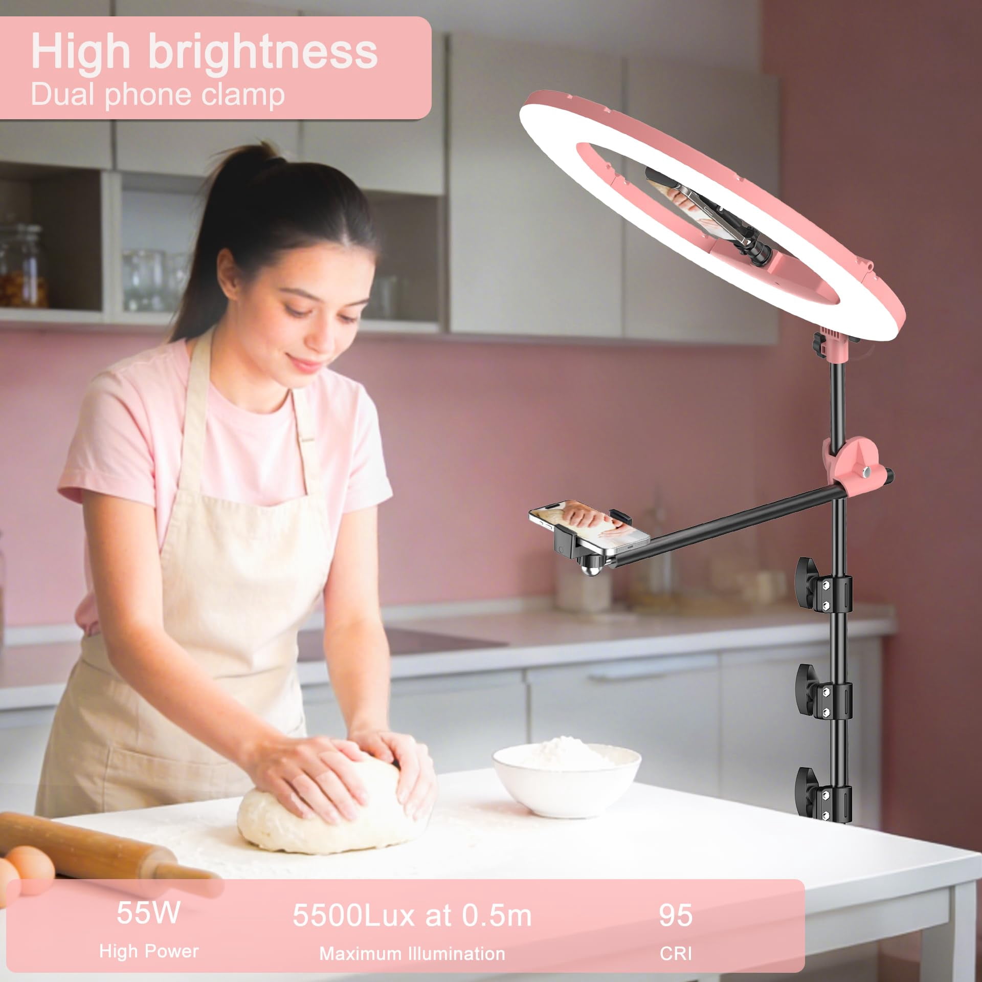55w18 45cm Ring Light Kit [new Version] 6700k Dimmable Ledringlighttripod Stand Dual Phone Holder For Selfie Makeup Lashtattoo Studio Lighting Painting Photo Video Recording (pink)