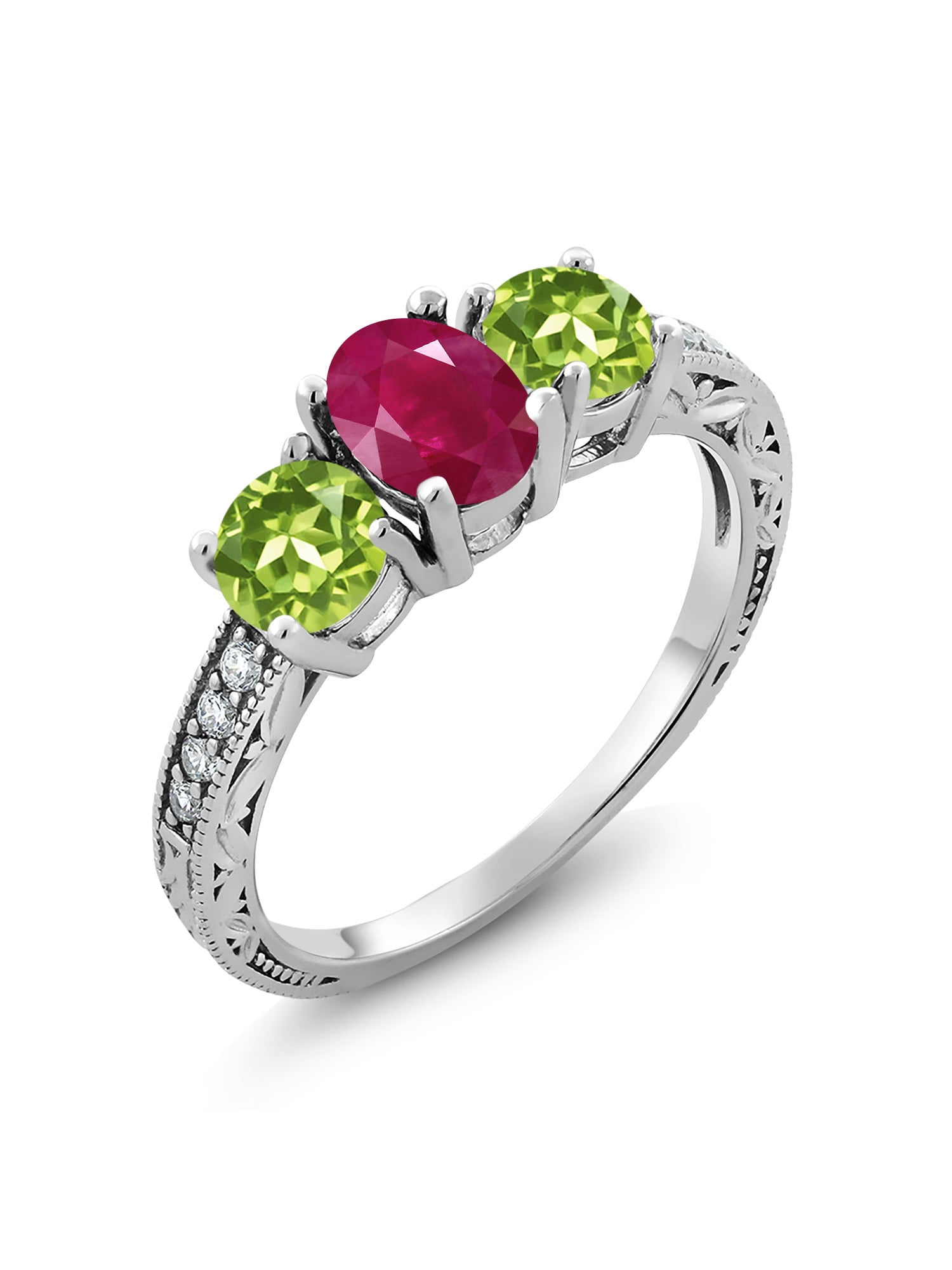 Gem Stone King 2.27 Ct Oval Red Ruby Green Peridot 925 Sterling Silver Ring