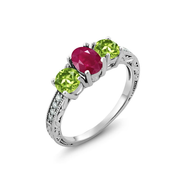 Gem Stone King 2.27 Ct Oval Red Ruby Green Peridot 925 Sterling Silver Ring