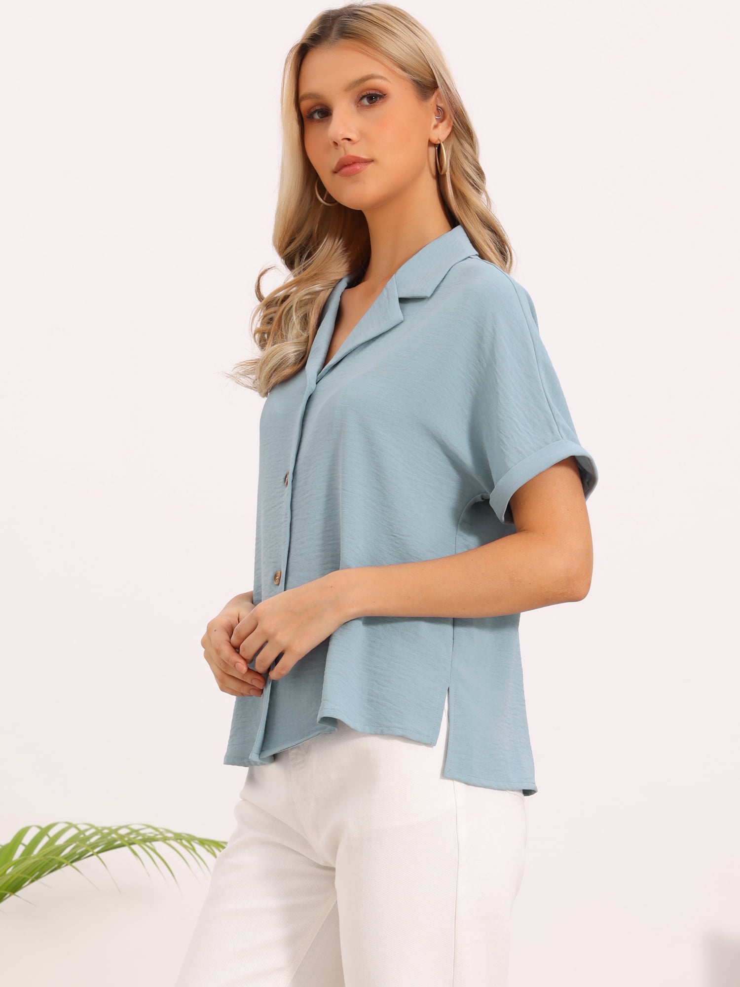 DARING DIVA Women's Business Casual Blouses Casual V Neck Short Sleeve Shirts S Blue