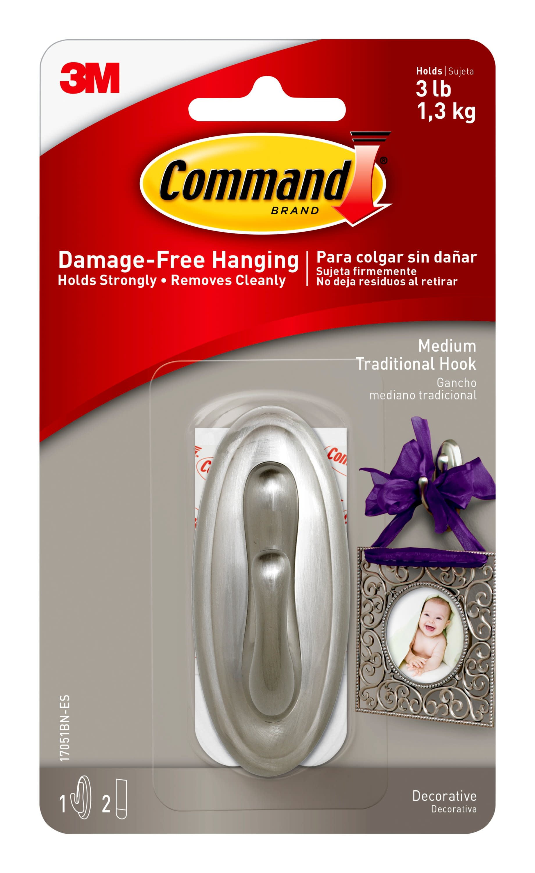 Command Traditional Hook, Brushed Nickel, Medium, Use to Hang Christmas Décor, 1 Wall Hook