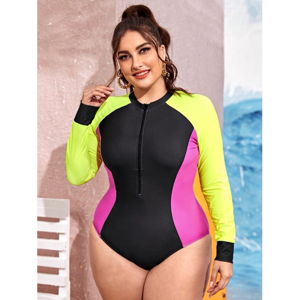Women S Plus Color Block Zip Front One Piece Swimsuit 1112w Walmart Com