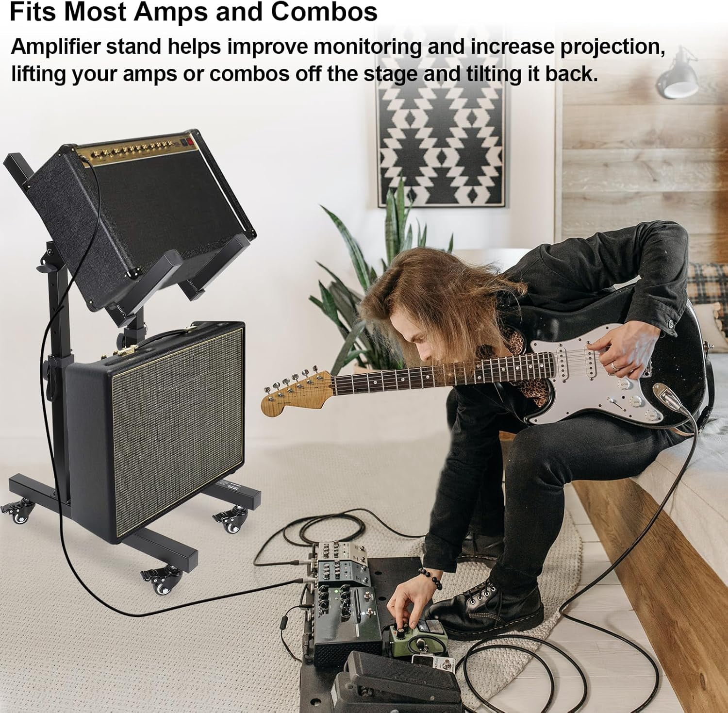 Adjustable Mobile Guitar Amplifier Stand with Tilt and Wheels for Stage Monitor